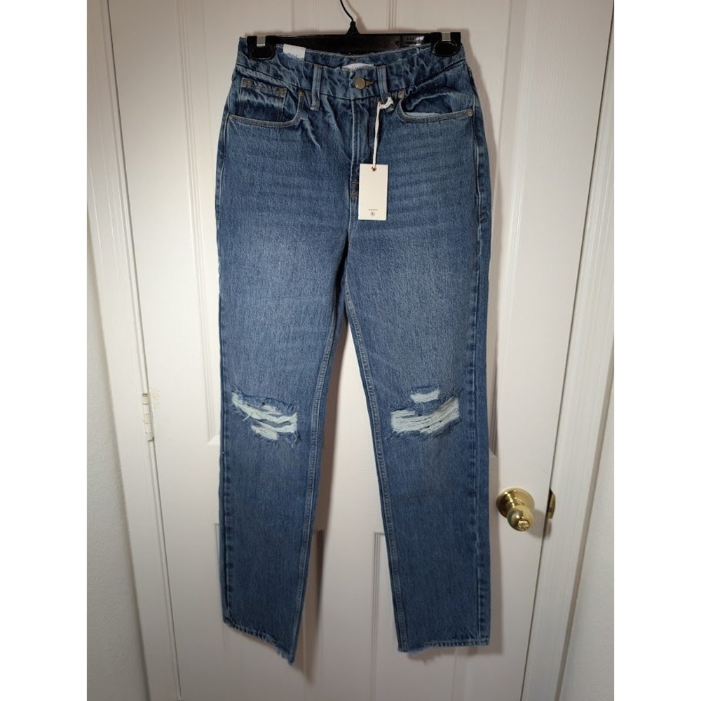 Good American High Rise Mom Straight Jeans Distressed Denim Blue Size 2/26